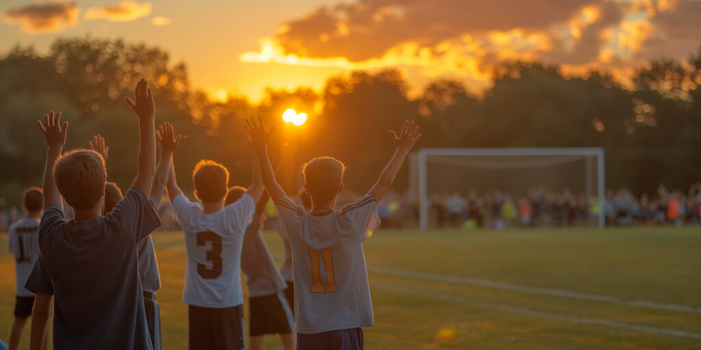 Youth soccer team celebrating victory during sunset on a beautiful evening, captured from behind showing their joy and unity.